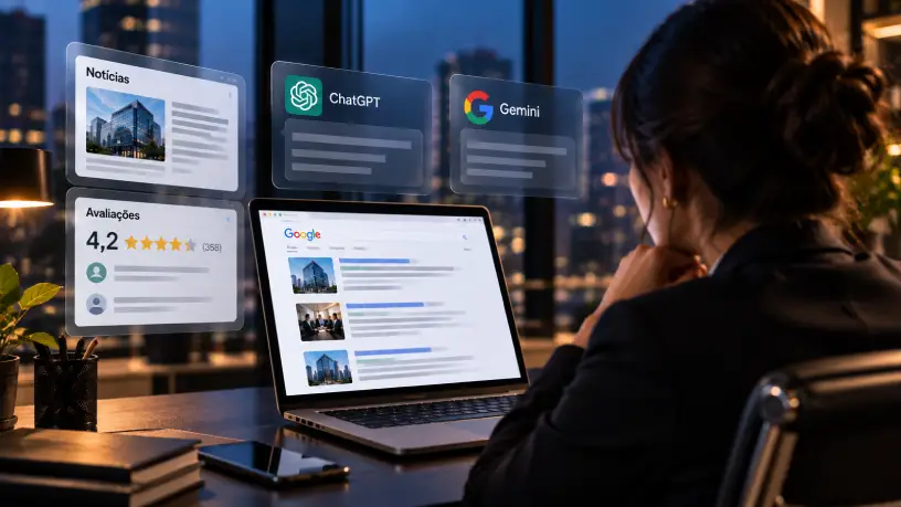 Gestão de imagem corporativa representada por uma profissional monitorando resultados no Google, notícias, avaliações e ferramentas de inteligência artificial em um ambiente corporativo moderno.