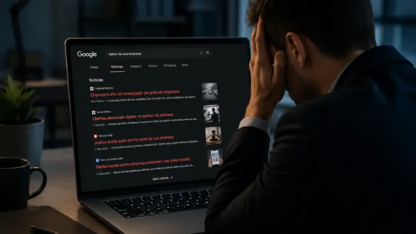 Imagem realista de uma reunião corporativa, com dois homens e três mulheres, sobre gestão de crise na era digital, com os executivos sentados analisando indicadores e estratégias em uma sala de reuniões, reforçando planejamento, prevenção e tomada de decisão empresarial.