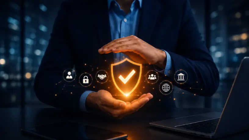 Ilustração realista de um executivo protegendo um escudo digital cercado por ícones de segurança, conexão e confiança em ambiente corporativo, representando como empresas podem proteger sua credibilidade e fortalecer a confiança no ambiente digital.