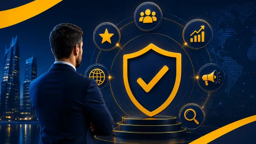 Executivo de terno observa um escudo digital iluminado em tons de azul escuro e amarelo dourado, cercado por ícones que representam reputação, crescimento, visibilidade, comunicação e presença online.