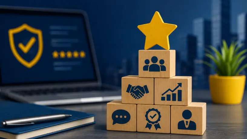 Representação visual da gestão de reputação para empresas, com blocos de madeira empilhados exibindo ícones de credibilidade, relacionamento, crescimento, comunicação e confiança. Ao fundo, notebook com indicadores de reputação digital em ambiente corporativo nas cores azul e amarelo