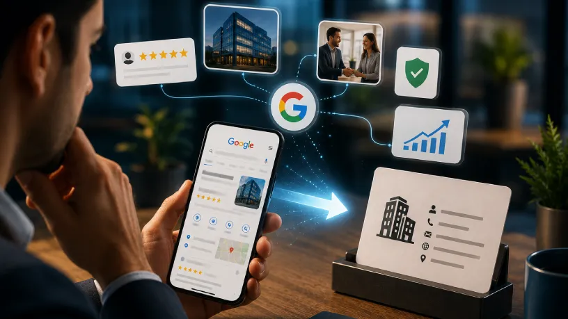 Profissional analisando a presença digital de uma empresa no Google por meio de um smartphone. Ao redor, elementos visuais representam avaliações positivas, confiança, crescimento, segurança e relacionamento com clientes