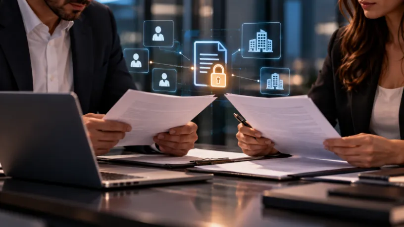 Dois profissionais analisam documentos em uma mesa de reunião, ao lado de um notebook. Ao centro, hologramas exibem um documento protegido por cadeado conectado a ícones de pessoas e empresas, representando o fornecimento de dados pessoais a terceiros