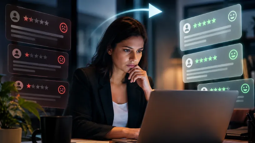 Mulher em um escritório analisando um notebook, cercada por avaliações negativas em vermelho e positivas em verde, com uma seta indicando a recuperação da má reputação da empresa na internet.