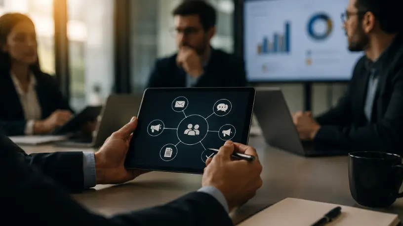 Ambiente corporativo com profissionais em reunião utilizando tablet com ícones de comunicação, representando gerenciamento de crises, comunicação institucional, definição de fluxos, tomada de decisões e fortalecimento da reputação digital durante situações de crise.