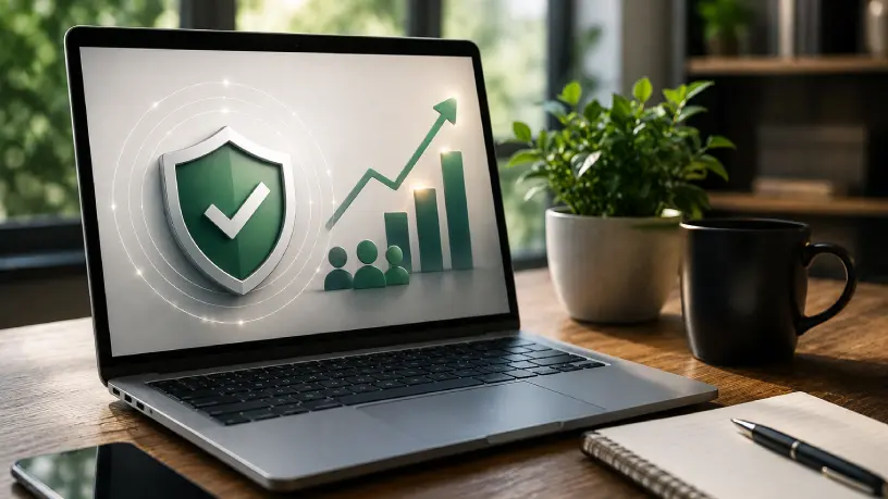 Notebook exibindo indicadores de crescimento, confiança e proteção da marca, representando os benefícios da supressão de conteúdos negativos e o fortalecimento da reputação digital de uma empresa