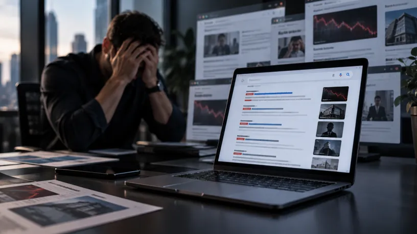 Profissional preocupado diante de um notebook com resultados negativos, notícias e gráficos de queda, evidenciando os impactos da gestão de crise digital na reputação da empresa.