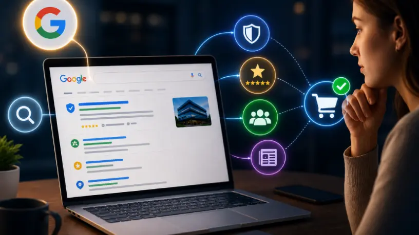 Mulher analisando resultados de pesquisa do Google em um notebook, enquanto elementos visuais representam confiança, avaliações, reputação digital e decisão de compra.