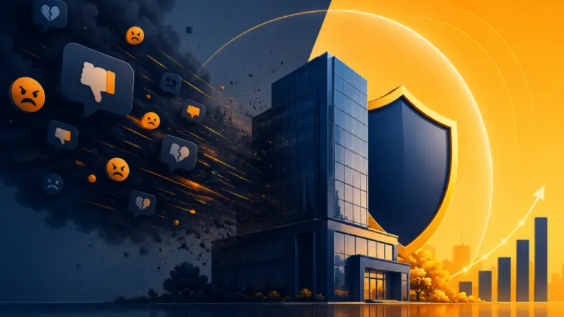 Reputação online: prédio corporativo protegido por um escudo enquanto ícones de avaliações negativas e comentários críticos surgem ao redor. A imagem simboliza proteção da marca, gestão de crises e fortalecimento da reputação online no ambiente digital. Nas cores laranja amarelado e azul marinho escuro.
