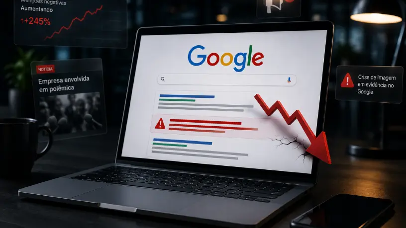 Notebook com resultados do Google, alertas e gráfico em queda, representando o impacto de uma crise corporativa na presença digital de uma empresa.