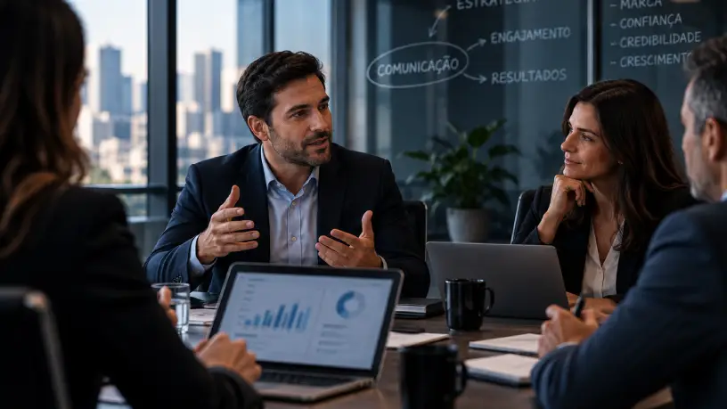 Executivo de terno e braços cruzados em ambiente corporativo, cercado por elementos que representam o Google e ferramentas de inteligência artificial