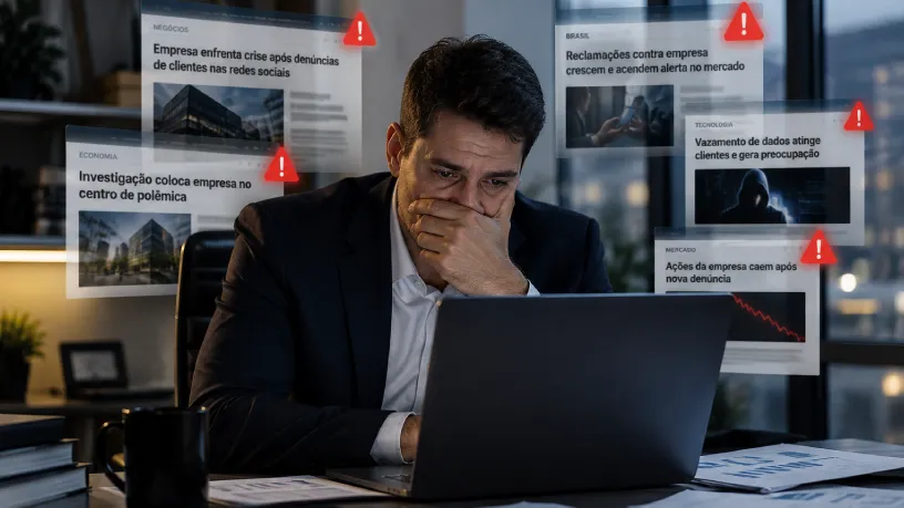 Imagem sobre posicionamento de marca, com notebook e celular exibindo resultados de busca, avaliações, gráficos de crescimento e elementos digitais que representam visibilidade, autoridade e presença da empresa no ambiente online.