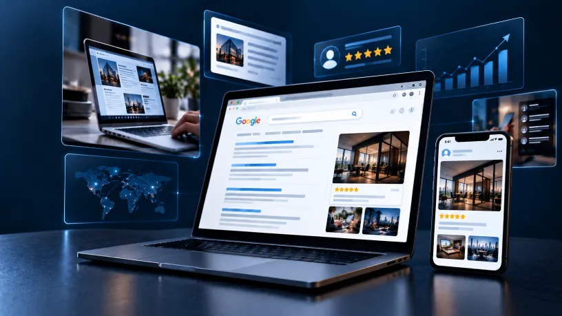 Imagem sobre posicionamento de marca, com notebook e celular exibindo resultados de busca, avaliações, gráficos de crescimento e elementos digitais que representam visibilidade, autoridade e presença da empresa no ambiente online.