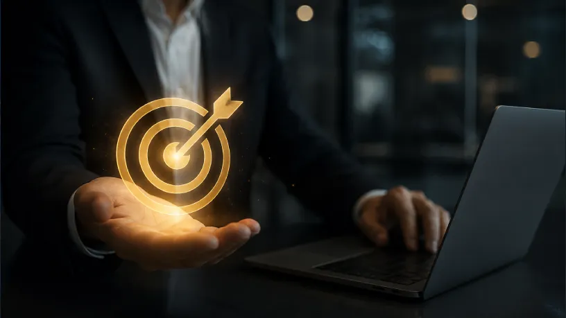 empresário utilizando notebook em ambiente corporativo moderno enquanto um ícone holográfico de alvo na cor dourada está sob a mão dele e simboliza autoridade, foco estratégico e fortalecimento da presença digital da empresa.