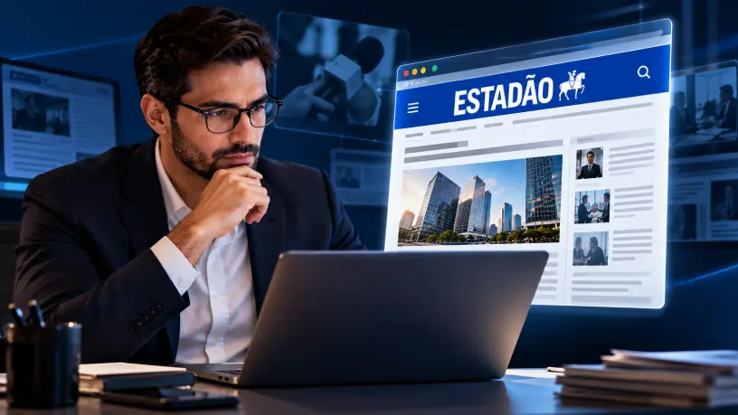 Mulher negra com cabelo black power e expressão reflexiva em frente a um notebook, cercada pelos ícones do Google e de inteligências artificiais, com setas verdes de crescimento ao fundo, representando comunicação corporativa no ambiente digital.