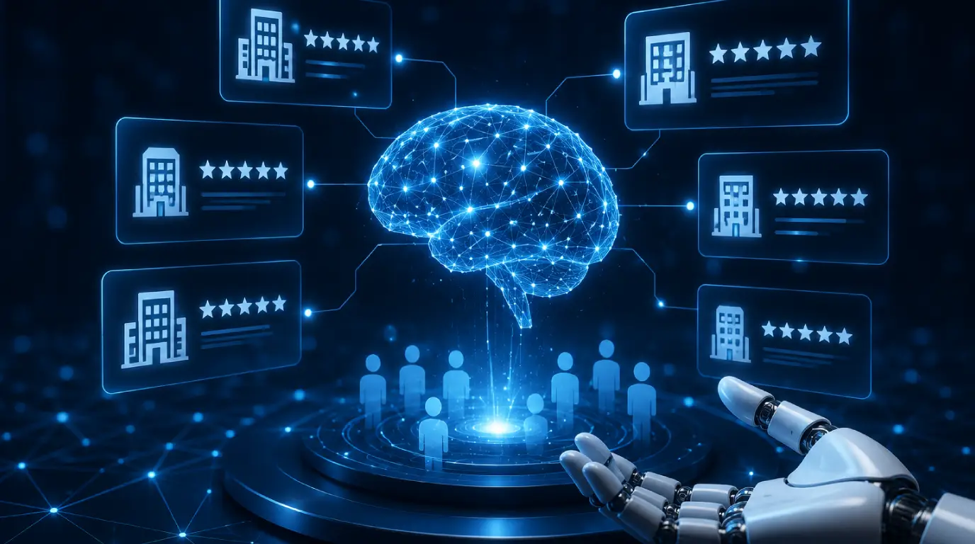 Ilustração futurista representando recomendações feitas por Inteligência Artificial. No centro da imagem, um cérebro digital iluminado conecta-se a diversos painéis com empresas avaliadas por estrelas e indicadores de reputação