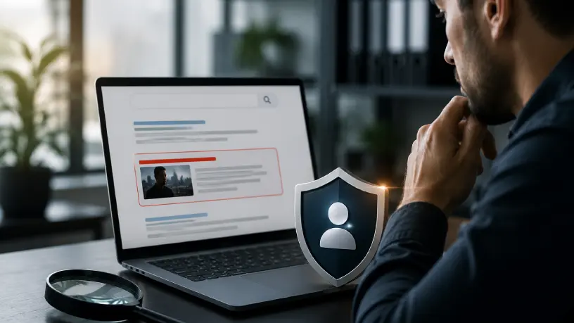 Homem analisando resultados de busca no Google em um notebook enquanto monitora sua reputação digital. Na tela, há um resultado destacado em vermelho e, ao lado do computador, um escudo simboliza a proteção da imagem e da identidade online