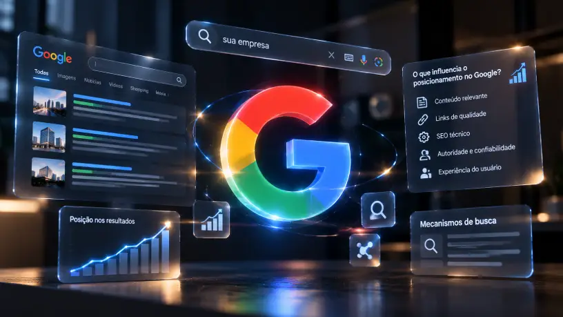 Ilustração sobre posicionamento no Google, com a logo do buscador em destaque, resultados de pesquisa, barra de busca e elementos de SEO que representam fatores de influência no ranqueamento.