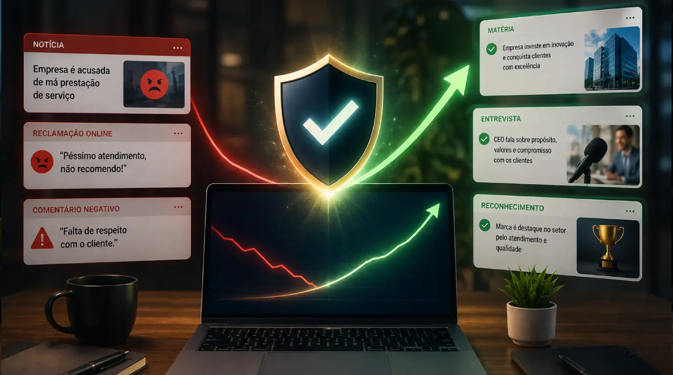 A imagem mostra conteúdos negativos e reclamações online sendo suprimidos por matérias positivas, entrevistas e reconhecimento de mercado, enquanto um escudo de proteção e uma seta de crescimento simbolizam o fortalecimento da reputação online