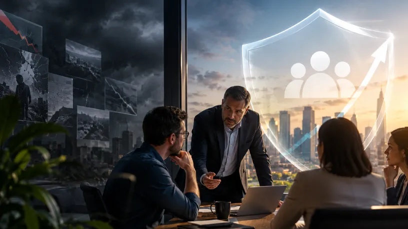 Imagem realista sobre gestão de crise empresarial, com equipe reunida analisando uma situação crítica, gráficos em queda ao fundo e escudo digital simbolizando proteção, recuperação e fortalecimento da reputação da empresa.