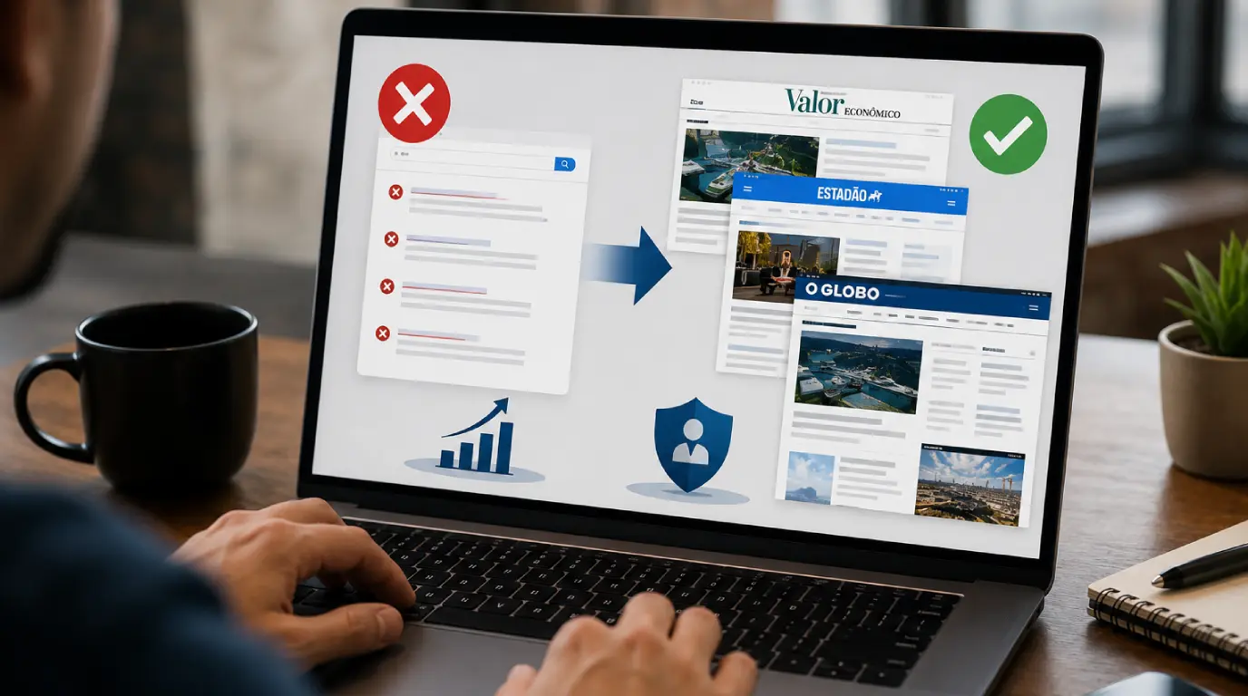 Pessoa utilizando um notebook enquanto acompanha uma estratégia de supressão de conteúdos negativos, com resultados positivos e publicações em portais de notícias