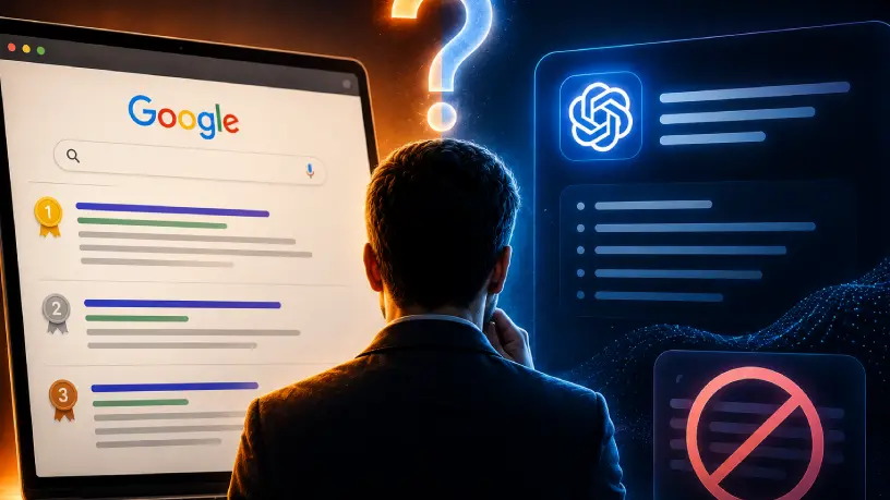 Ilustração de um homem de costas diante de uma tela dividida entre os resultados do Google e uma resposta do chatgpt, representando a diferença entre aparecer no Google e ser citado nas respostas de IA.