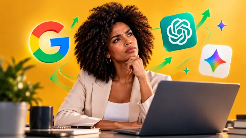 Mulher negra com cabelo black power e expressão reflexiva em frente a um notebook, cercada pelos ícones do Google e de inteligências artificiais, com setas verdes de crescimento ao fundo, representando comunicação corporativa no ambiente digital.