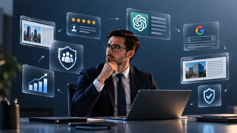 Executivo em ambiente corporativo cercado por elementos digitais de avaliações, notícias, Google, ChatGPT, segurança e crescimento, conectados por setas discretas, representando a reputação empresarial e sua influência na credibilidade e presença digital da empresa.