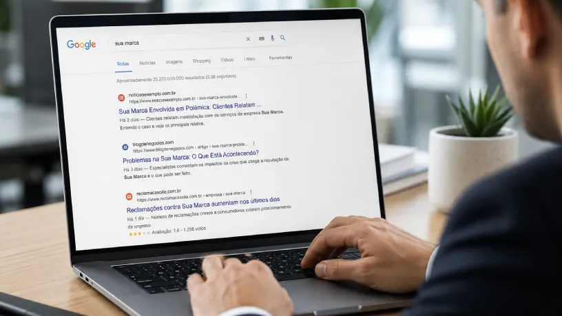Homem analisando no notebook tela do Google que exibe resultados de busca e notícias