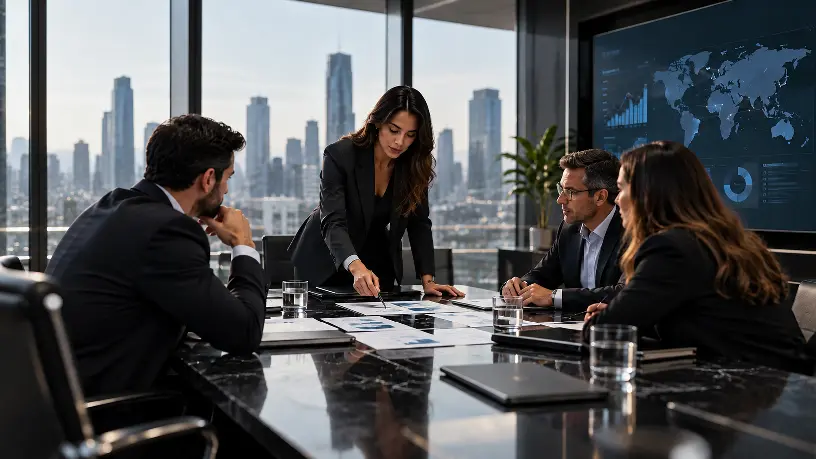Executivos reunidos em ambiente corporativo moderno analisam dados e estratégias, representando o posicionamento estratégico e a construção de uma marca relevante.