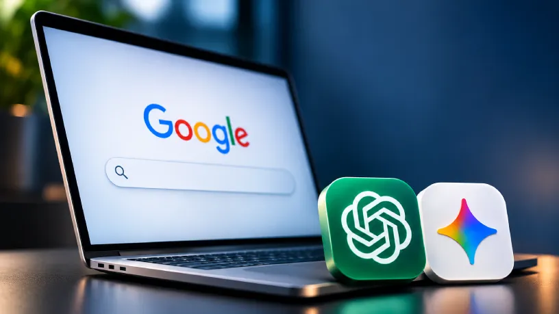 Notebook com barra de pesquisa global em destaque, acompanhado dos ícones do Google, ChatGPT e Gemini e de um globo terrestre digital ao fundo, representando o SEO internacional e a presença de marcas nas buscas globais e respostas de IA