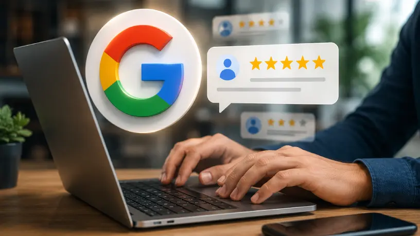 Pessoa utilizando um notebook em um ambiente moderno, com o logo do Google em destaque e avaliações com cinco estrelas, representando a reputação positiva.