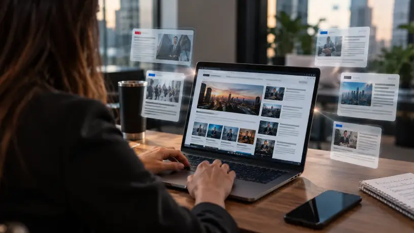 A imagem mostra uma profissional utilizando um notebook com um portal de notícias aberto, enquanto diferentes conteúdos digitais aparecem em hologramas ao redor da tela, representando a ampliação da presença e da exposição de marca em portais.