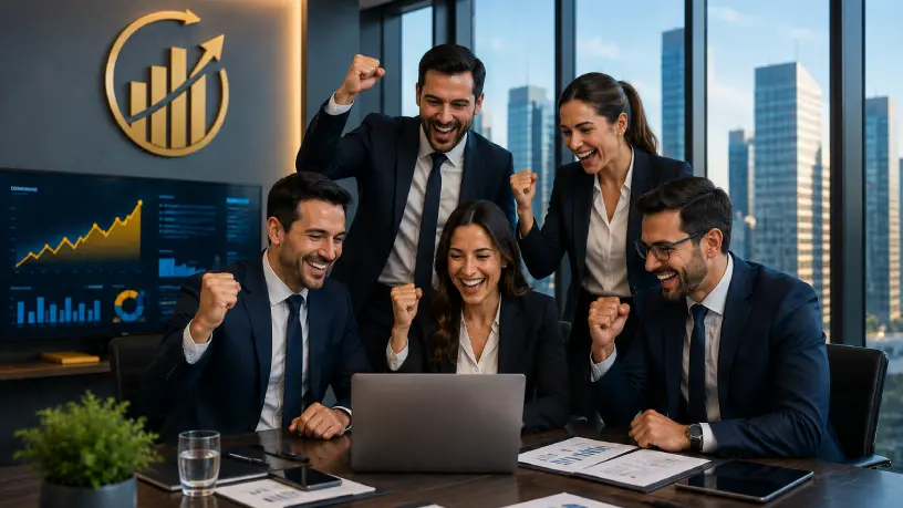 Executivos comemoram resultados positivos em uma moderna sala de reuniões corporativa, cercados por relatórios financeiros, gráficos de desempenho e indicadores de crescimento.