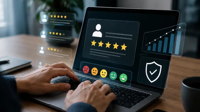 Homem trabalhando em um notebook enquanto painéis digitais exibem avaliações de clientes, classificação por estrelas, gráfico de crescimento e ícone de segurança.