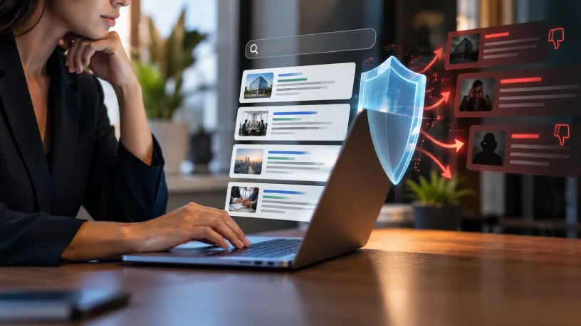 Executiva analisa resultados de busca em um notebook, com conteúdos positivos e negativos representados por elementos digitais e um escudo de proteção, simbolizando a comunicação estratégica.