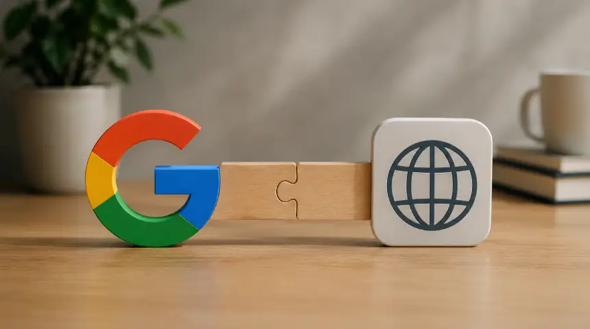 Imagem conceitual representando a relação entre mecanismos de busca e presença digital. Em uma mesa de escritório, um símbolo do Google aparece conectado por peças de quebra-cabeça a um ícone que representa a internet, transmitindo a ideia de integração entre SEO, autoridade digital e inteligência artificial