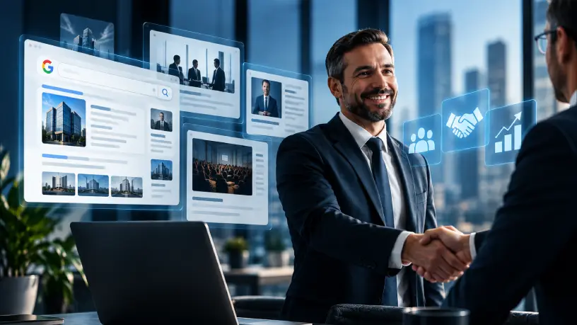 Imagem digital em tons de azul com um escudo central e ícone de perfil, cercado por avaliações, gráficos e conteúdos online, representando a proteção e o fortalecimento do ativo reputacional no ambiente digital.