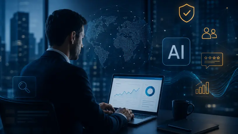 Executivo sentado diante de um notebook em um escritório moderno, analisando indicadores digitais enquanto elementos visuais de inteligência artificial, reputação online, avaliações, proteção de dados e monitoramento aparecem sobrepostos em uma interface futurista.