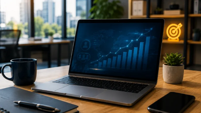 indicadores de reputação digital em um notebook em escritório moderno, com gráficos de crescimento e ambiente corporativo iluminado