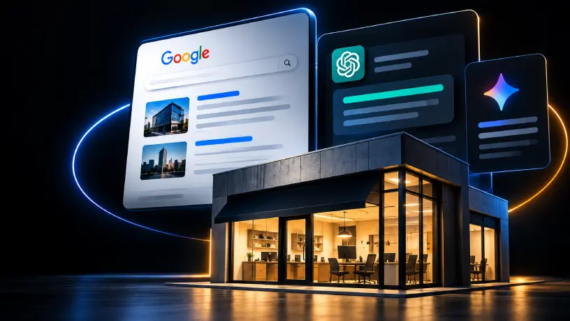Pequena empresa moderna em destaque, cercada por resultados do Google e respostas de inteligência artificial, representando a importância da reputação digital para pequenas e médias empresas.