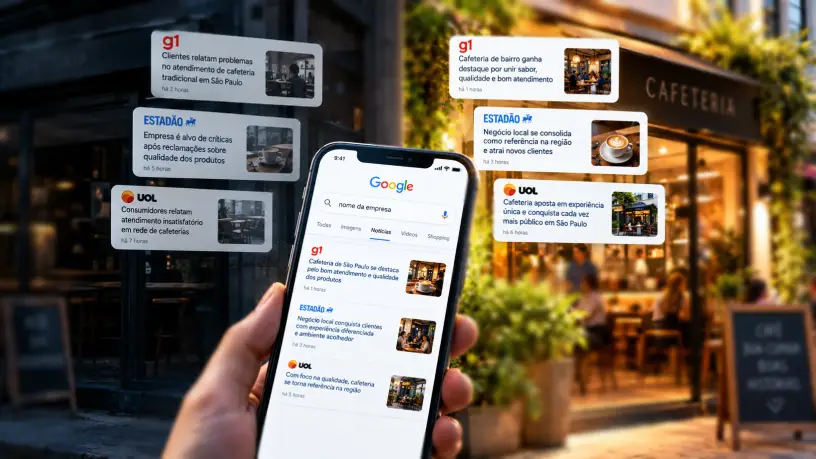 A imagem mostra um executivo de terno ao lado de um grande escudo azul com símbolo de verificação, cercado por painéis digitais com avaliações, gráficos de crescimento, perfis e páginas online. Representando o branding digital