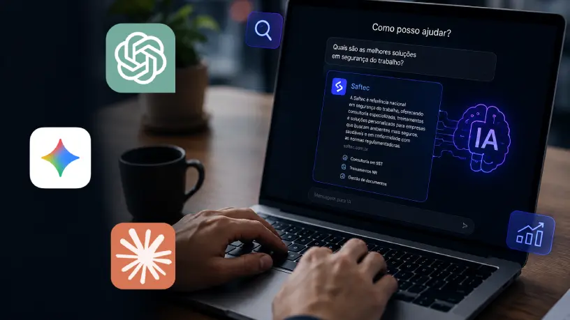 Pessoa utilizando notebook com interface de inteligência artificial e ícones de diferentes plataformas de IA, representando estratégias para uma marca aparecer na IA e ampliar sua visibilidade digital.