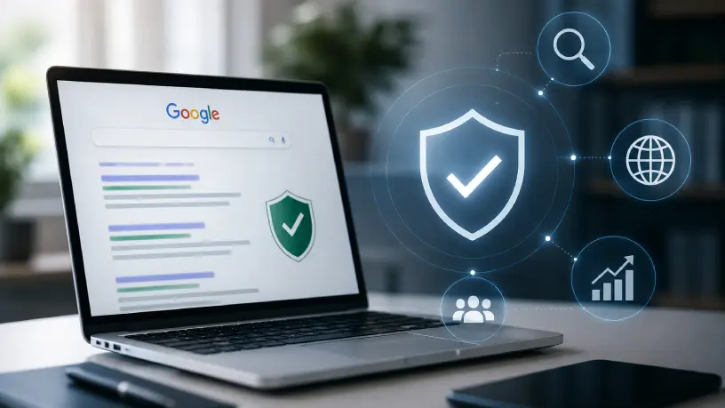 Notebook aberto exibindo uma página de resultados de busca do google na internet, ao lado de elementos gráficos que representam SEO, GEO, reputação digital, proteção da marca, autoridade online e crescimento da presença digital