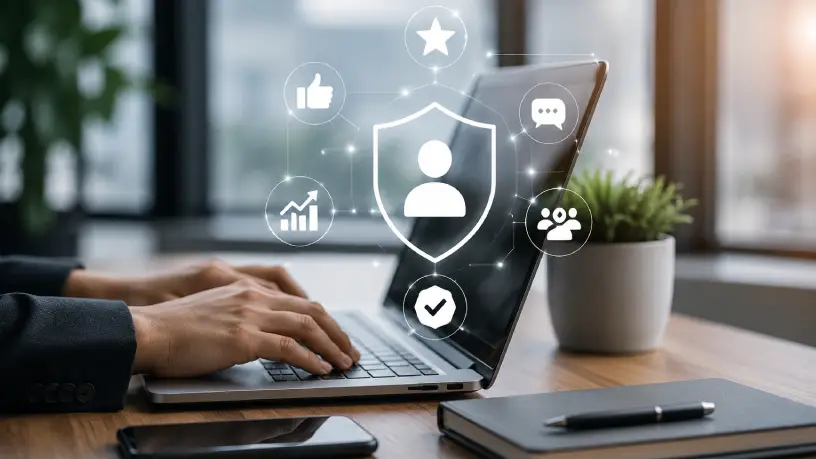 Imagem realista de uma pessoa utilizando um notebook em um ambiente corporativo moderno, com ícones digitais representando proteção, credibilidade, crescimento, avaliações positivas e autoridade online ao redor da tela.