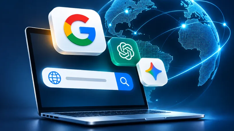 Notebook com barra de pesquisa global em destaque, acompanhado dos ícones do Google, ChatGPT e Gemini e de um globo terrestre digital ao fundo, representando o SEO internacional e a presença de marcas nas buscas globais e respostas de IA