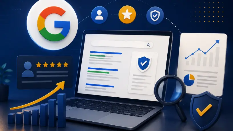 Ilustração digital representando SEO reputacional, com laptop exibindo resultados de busca, ícones de avaliação, gráfico de crescimento, escudo de proteção e símbolo do Google em tons de azul, branco e amarelo, simbolizando autoridade digital e reputação online