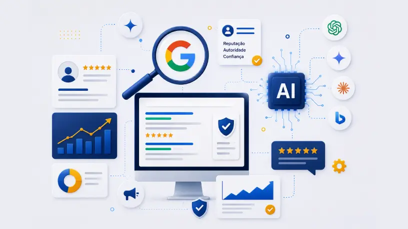 lustração digital sobre SEO reputacional e inteligência artificial, com monitor exibindo resultados de busca, ícone do Google, símbolo de IA, gráficos de crescimento, avaliações online, escudos de proteção e ícones de plataformas de IA conectados por elementos visuais em tons de azul, branco e amarelo