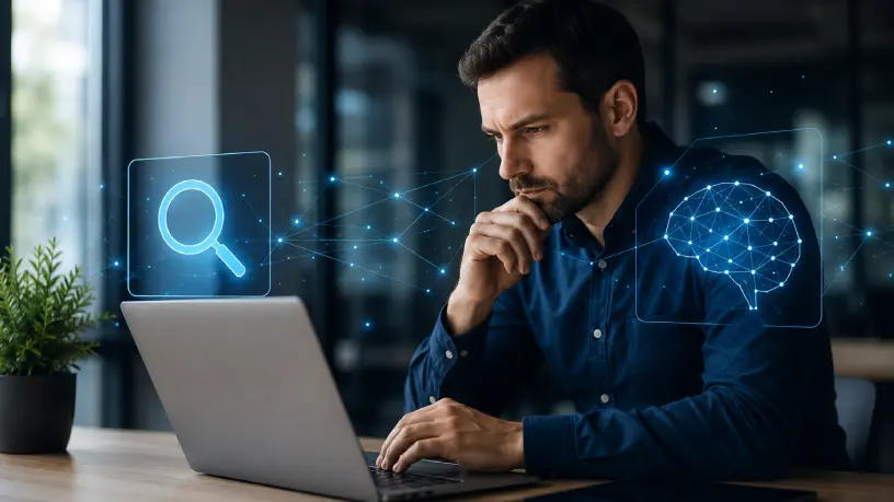 Profissional analisa estratégias de otimização para IA e SEO tradicional em um notebook, em um ambiente corporativo moderno com ícones digitais em azul neon