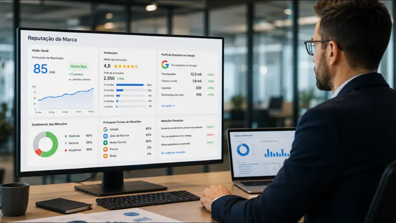 Executivo analisando indicadores de reputação digital em um escritório corporativo moderno. Na tela, aparecem métricas de avaliações online, perfil da empresa no Google, sentimento das menções, fontes de tráfego e desempenho da marca na internet.